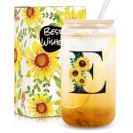 Frerdui Birthday Gifts For Women Initial Glass Cups W Lids And Straws Sunflower Gifts For Women Personalized Gift 16OZ Glass Tum