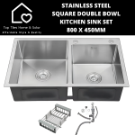 Stainless Steel Square Double Bowl Kitchen Sink Set - 800 X 450MM