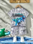 2PCS Boys Casual Street Fashion Dinosaur Print Short Sleeve T-Shirt & Shorts Set Comfy Summer Outfit For Boys