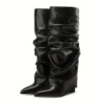 Women's Solid Color Stacked Boots Slip On Casual Hidden Wedge Slim Boots Versatile Point Toe Fold Over Boots