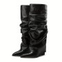 Women's Solid Color Stacked Boots Slip On Casual Hidden Wedge Slim Boots Versatile Point Toe Fold Over Boots