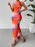 Tie Dye Crew Neck Split Dress Elegant Sleeveless Dress For Spring & Summer Women's Clothing