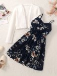 2PCS Girls Purple Floral Suspender Skirt & Long-sleeved Knitted Cardigan Set