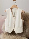 V Neck Button Front Vest Elegant Solid Color Sleeveless Vest For Spring & Fall Women's Clothing