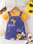Baby's Cartoon Bee Faux Denim Pattern Casual Short Sleeve Dress Infant & Toddler Girl's Clothing For Summer spring As Gift