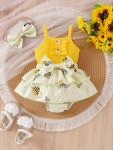 Baby's Cartoon Bee Pattern Ruffled Romper Dress & Headwear Toddler & Infant Girl's Onesie For Summer