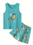2PCS Boys Soccer Dino Print Versatile Sleeveless Tank Top & Shorts Set Cool Lightweight And Comfy Summer Holiday Clothes