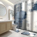 Lnond 4PCS Grey Bathroom Shower Curtain Sets With Rugs Blue And Grey Abstract Painting Gray Retro Bathroom Sets With Shower Curt