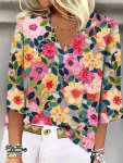 Floral Print V Neck Blouse Casual Half Sleeve Top For Spring & Summer Women's Clothing