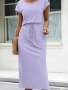 Solid Tie Waist Split Side Dress Vacation Short Sleeve Crew Neck Dress Women's Clothing