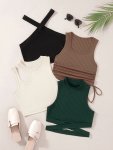 Solid Ribbed Top 4 Pack Sexy Sleeveless Crop Summer Top Women's Clothing