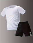 2-PIECE Men's Summer Sports Outfit Set Breathable Short Sleeve Crew Neck T-Shirt & Elastic Waist Shorts With Pockets For Fitness