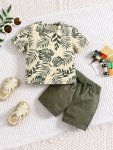 2PCS Infant & Toddler's Cartoon Leaves Pattern Summer Set T-Shirt & Casual Shorts Baby Boy's Clothes