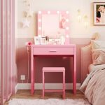 Makeup Vanity Desk With Mirror And Lights Pink Vanity Table And Chair Set Brightness Adjustable Small Vanity For Girls' Bedroom