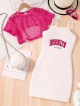 Brooklyn Pattern 2-PIECE Girl's Short Sleeve Mesh Cover-up + Cami Dress Set - Versatile Comfy For Summer Casual Wear Gift Idea