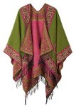 Urban Coco Women's Fashionable Retro Style Vintage Pattern Tassel Poncho Shawl Cape Series 2-GREEN