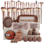 56 Pieces Coffee Makeup Tool Set - Brushes Sponges Puffs And Wash Bag