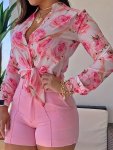 Rose Print Button Front Blouse Elegant Long Sleeve Knot Hem Crop Blouse For Spring & Fall Women's Clothing