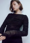 Ruched Mesh Top - Black