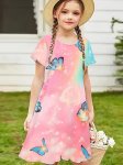 Girls Gradient Butterfly Graphic Short Sleeve Dress Sweet Dress Summer Clothes Gift Christmas