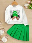 Hip-hop Style 2PCS SET Girls Long Sleeve Sweatshirt Top + Pleated Skirt Set Cute Fashion Girl's Spring Fall Outfit