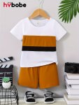 2PCS Boys Casual Color Clash Short Sleeve T-Shirt & Solid Color Shorts Set Comfy Summer Kids Clothes