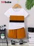 2PCS Boys Casual Color Clash Short Sleeve T-Shirt & Solid Color Shorts Set Comfy Summer Kids Clothes