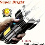 1PC Rechargeable USB Flashlight With 4 LED And Cob Side Lights For Outdoor Camping And Fishing With 4 Modes Durable And Convenie