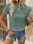 Eyelet Crew Neck T-Shirt Casual Short Sleeve T-Shirt For Spring & Summer Women's Clothing