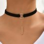 Black Velvet Collar Choker With Golden Long Strip Pendant Women's Sexy Necklace