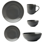- Embossed Lines 16PCE Dinner Set + Salad Bowl - Dark Grey