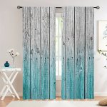 2PCS Vintage Gray Blue Wooden Door Printed Window Curtain Rod Pocket Curtain Semi Blackout Decorative Curtains For Living Room B