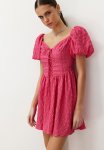 Waist Opening skater Woven Corset Detailed Elegant Evening Dress - Fuchsia