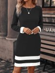 Striped Crew Neck Dress Elegant Long Sleeve Slim Fit Dress For Spring & Fall Women's Clothing