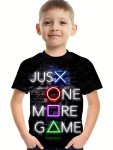 Just One More Game Letter 3D Print Boys Creative T-Shirt Casual Lightweight Comfy Short Sleeve Tee Tops Kids Clothes For Summer