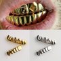 18K Gold Plated Hip Hop Grillz With Iced-out Cubic Zirconia Simple & Stylish Fangs/vampire Teeth Caps Fashion Accessory For Halloween Shiny Smooth Surface Grills