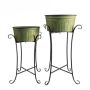 Vintage Ribbed Metal Planter Set With Scrollwork Stands - Sage Green - Set