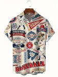 Vintage Baseball Themed Comic And Letter Pattern Men's Short Sleeve Button Down Shirt With Chest Pocket Summer Holiday Top For M