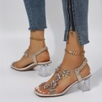 Women's Chunky Heel Sandals Flower Rhinestone Square Toe Elastic Strap Mid Heels Fashion Slip On Sandals