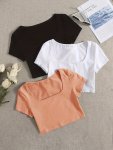 3-PACK Basic Fitted Crop Tops Short Sleeve Square Neck Solid Color T-shirts Casual Everyday Wear Chic Sporty Women's Fashion Y2K