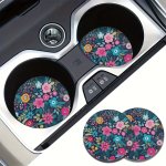2PCS Chic Floral Car Coasters Absorbent & Anti-slip-versatile For Vehicles & Home Office