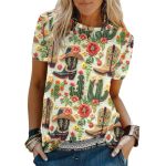 Binshre Western Shirts For Women Cowgirl Boho Vintage Rodeo Graphic Tee Cowgirl 3D Digital Printing Short Sleeve Tops B-khaki