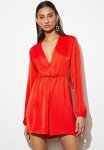 Wrap Satin Playsuit - Poinciana