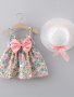 Sweet & Cute Baby Girl's Flower Print Puffy Cami Dress With Bow & Hat Toddler's Beach Holiday Dress Up