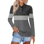 Polo Shirts For Womens V Neck Lapel Long Sleeve Tops With Collar Button Fall Loose Golf Casual Business Tunic BLOUSES3-GRAY Smal