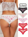 5PCS Contrast Lace Trims Women Heart Print Hipster Panties Set Allover Print Bikinis Comfy & Cute Low Waist Lace Trim Panties Wo
