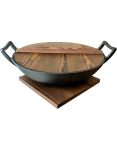 35CM Cast Iron Wok With Wooden Lid - 5.5L Pre-seasoned Kadai Stir-fry Pan With Loop Handles Multi-cooktop & Induction Compatible