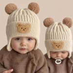 Infant Cartoon Bear Knit Beanie Hat For Fall winter - Warm Ear-flap Cap For Daily & Casual Wear Hand Washable Polyester Animal P