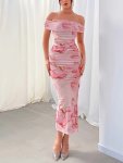 Marble Print Off Shoulder Bodycon Dress Elegant Ruched Split Midi Dress Women's Clothing For Party Dressing