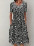 Boho Floral Print Dual Pockets Dress Casual Crew Neck Short Sleeve Dress Women's Clothing